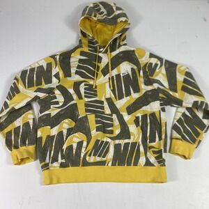 Nike Hoodie Sweatshirt Mens Large Yellow Allover Print Logo Pullover DB4607-761